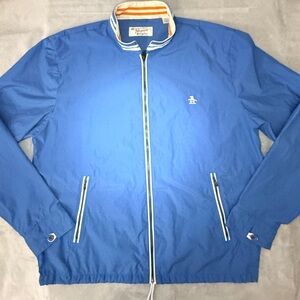 Vintage Blue Penguins Menswear Windbreaker
With Orange Striped Collar large